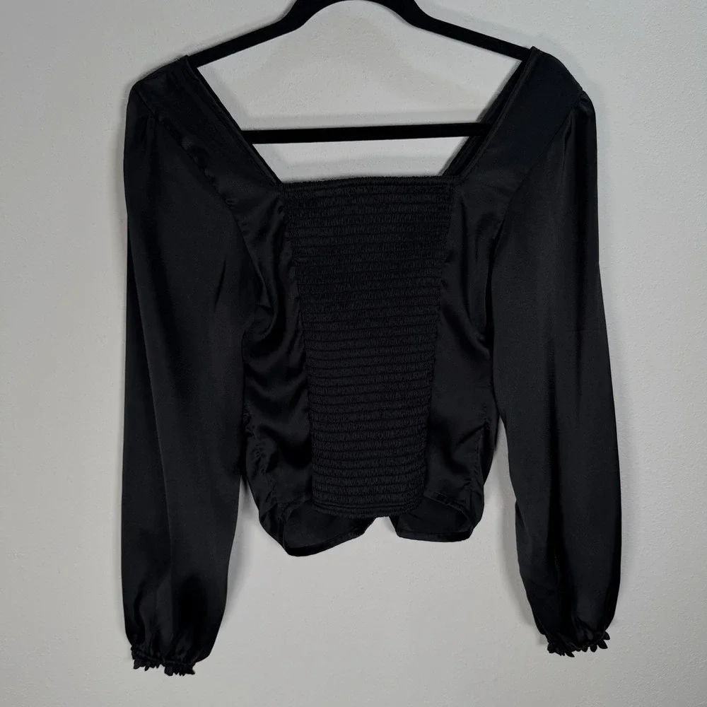 Abercrombie & Fitch Top Womens Sz Small Black Satin Smocked Back Puff Sleeve